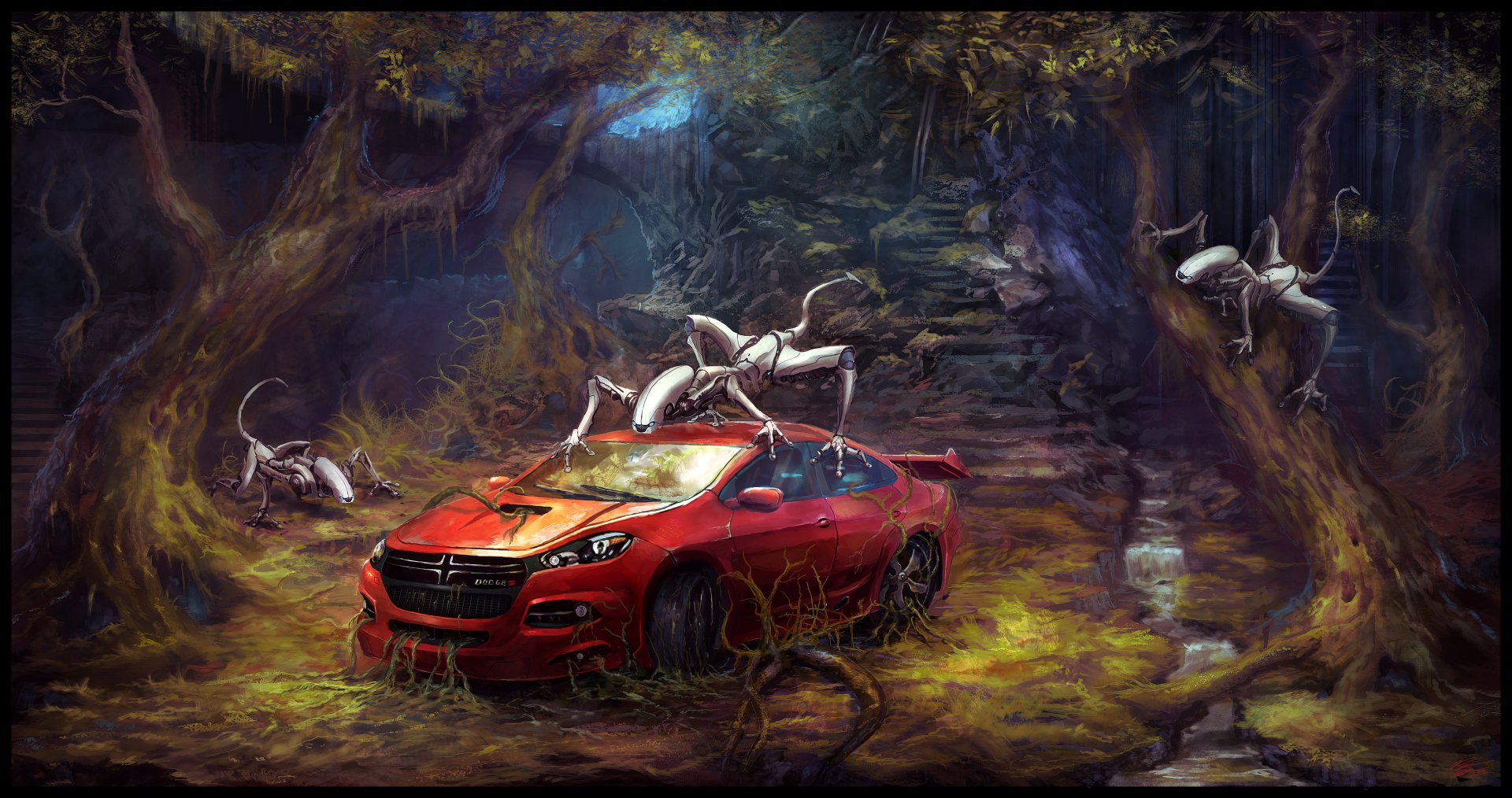 A vibrant Sci-Fi scene featuring a red car surrounded by futuristic robots and dense, overgrown vegetation, creating a striking contrast in a mysterious, wild environment.