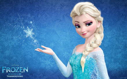 A stunning HD wallpaper featuring Elsa from Disney's Frozen, showcasing her magical powers with a snowflake against a rich blue background. Perfect for fans of the movie.