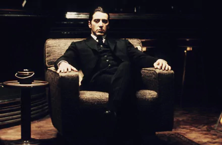 HD PC desktop wallpaper featuring a scene from the movie The Godfather: Part II, showing a man in a dark suit seated confidently in an armchair.