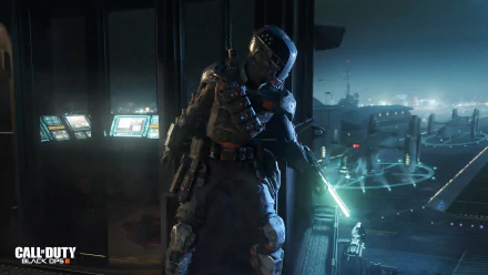 HD sci-fi desktop wallpaper from the video game Call of Duty: Black Ops III, featuring a heavily armed soldier in a futuristic setting with city lights and advanced technology in the background.