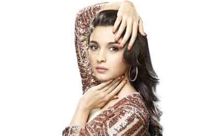 HD desktop wallpaper featuring celebrity Alia Bhatt posing gracefully in a sequined dress with a white background.