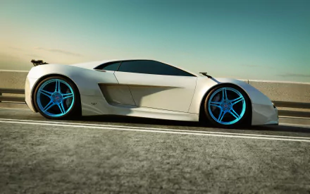 White Audi XQ concept vehicle with blue-rimmed wheels racing down a sunlit highway — 2K Quad HD PC desktop wallpaper/background.