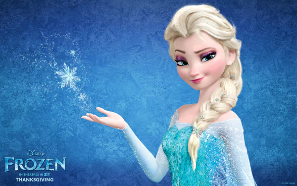 HD PC desktop wallpaper featuring Elsa from the movie Frozen, showcasing her icy powers against a frosty blue background with snowflake patterns.