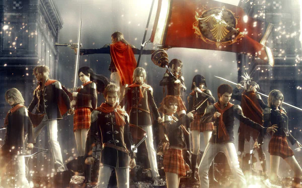 HD wallpaper featuring characters from Final Fantasy Type-0 HD, showcasing a dynamic ensemble of warriors with swords and a flag, set against a dramatic, sparkling backdrop.