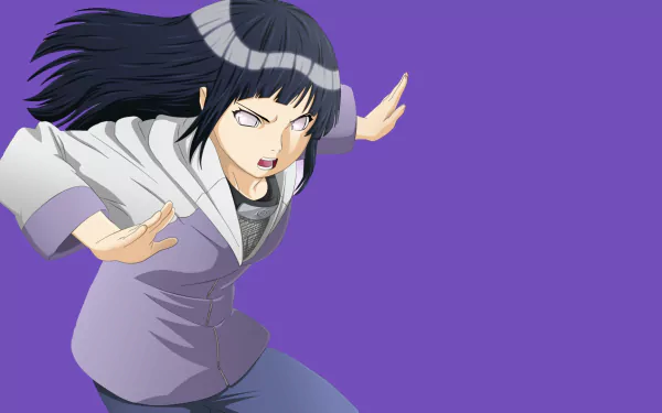 Hinata Hyuga from anime Naruto is depicted in an action pose, with a determined expression. The vibrant purple background enhances her dynamic presence in this HD wallpaper.