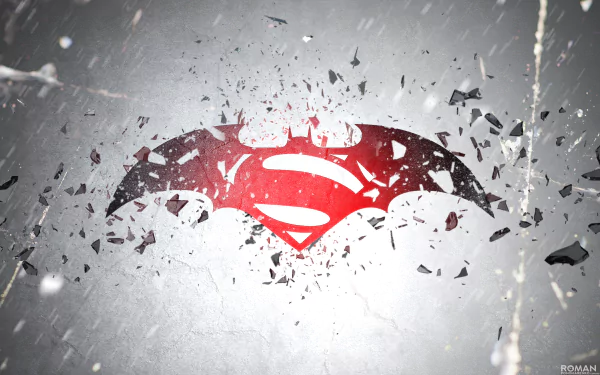 HD desktop wallpaper of the Batman V Superman: Dawn of Justice logo, featuring the combined Batman and Superman symbols with a shattered effect on a gray background.
