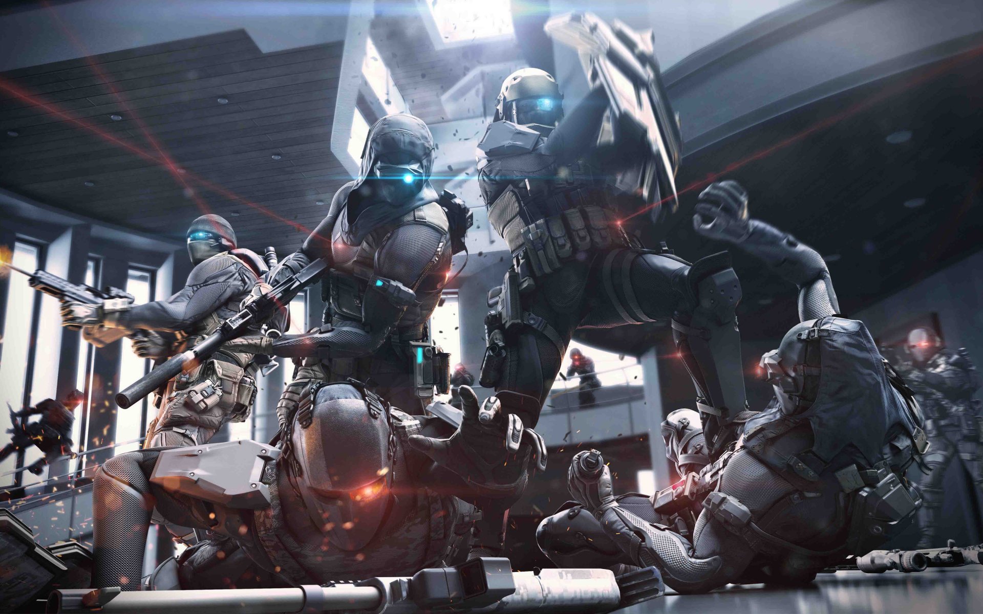 HD PC desktop wallpaper featuring an intense action scene from the video game Tom Clancy's Ghost Recon Phantoms with armed soldiers in futuristic combat gear.