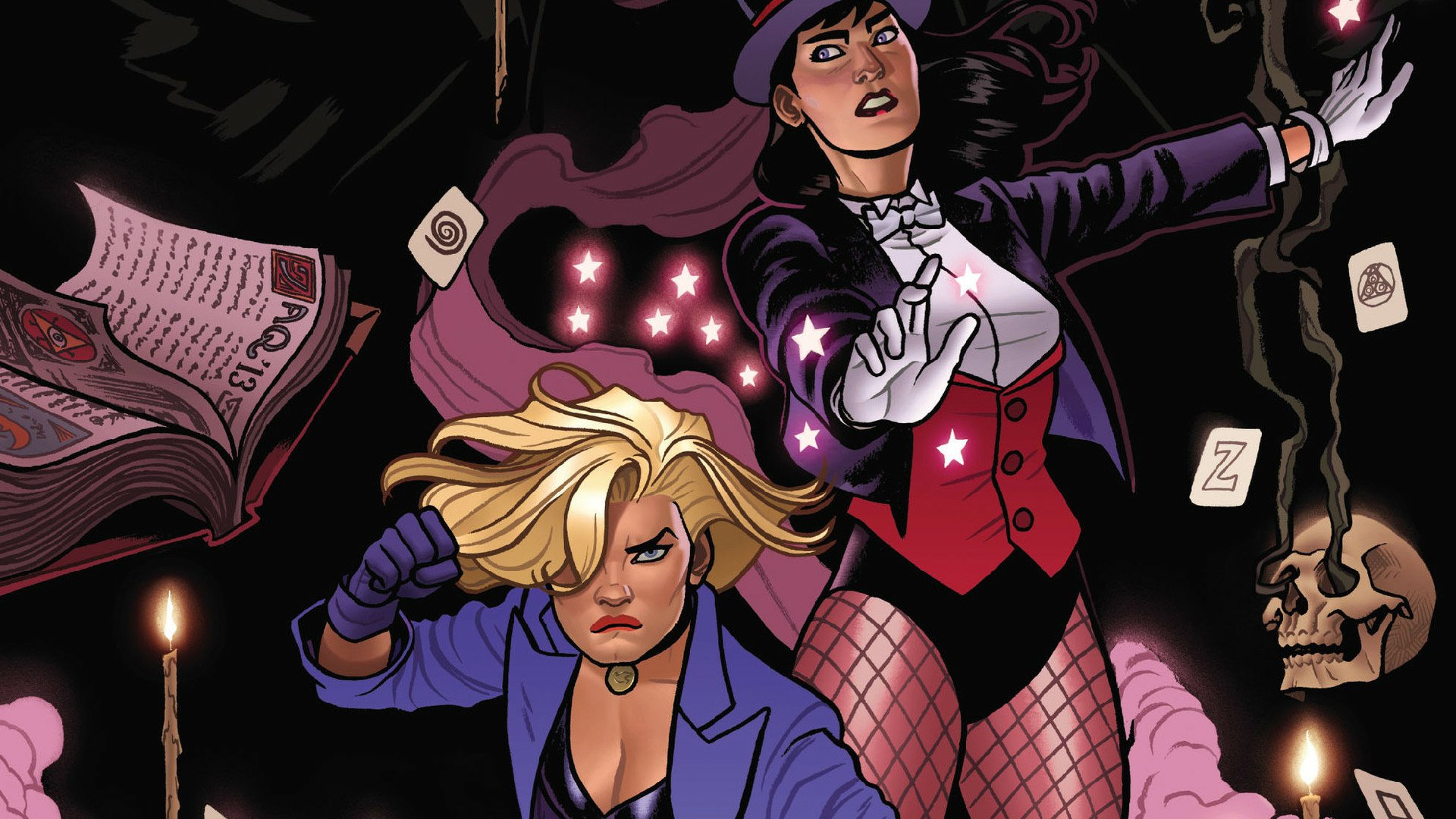 Download Candle Black Canary Blonde Black Hair Long Hair Hat Glove Jacket Fishnet Magic Book Comic Zatanna HD Wallpaper
