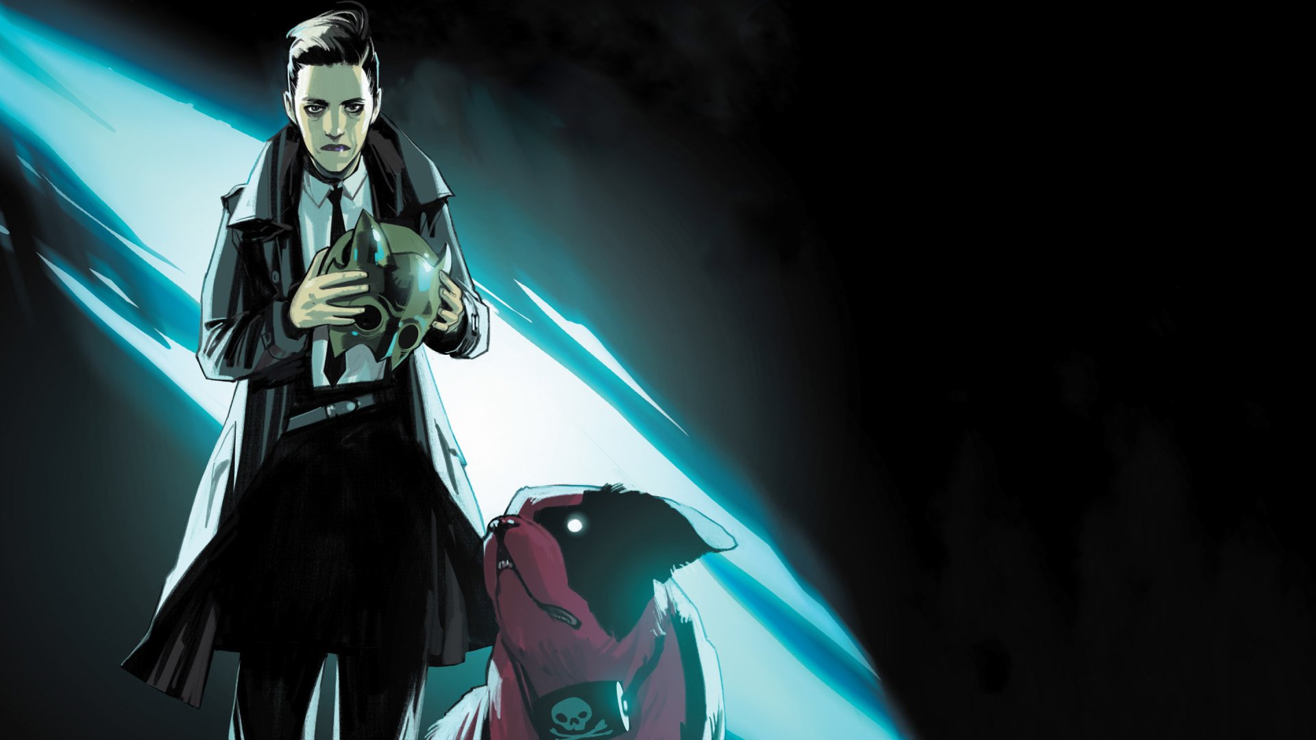 Comic saga 2K Quad HD PC desktop wallpaper: a trench-coated man holding a skull-like helmet while an armored, skull-emblazoned dog sits beside him against a dark, cyan-lit backdrop.