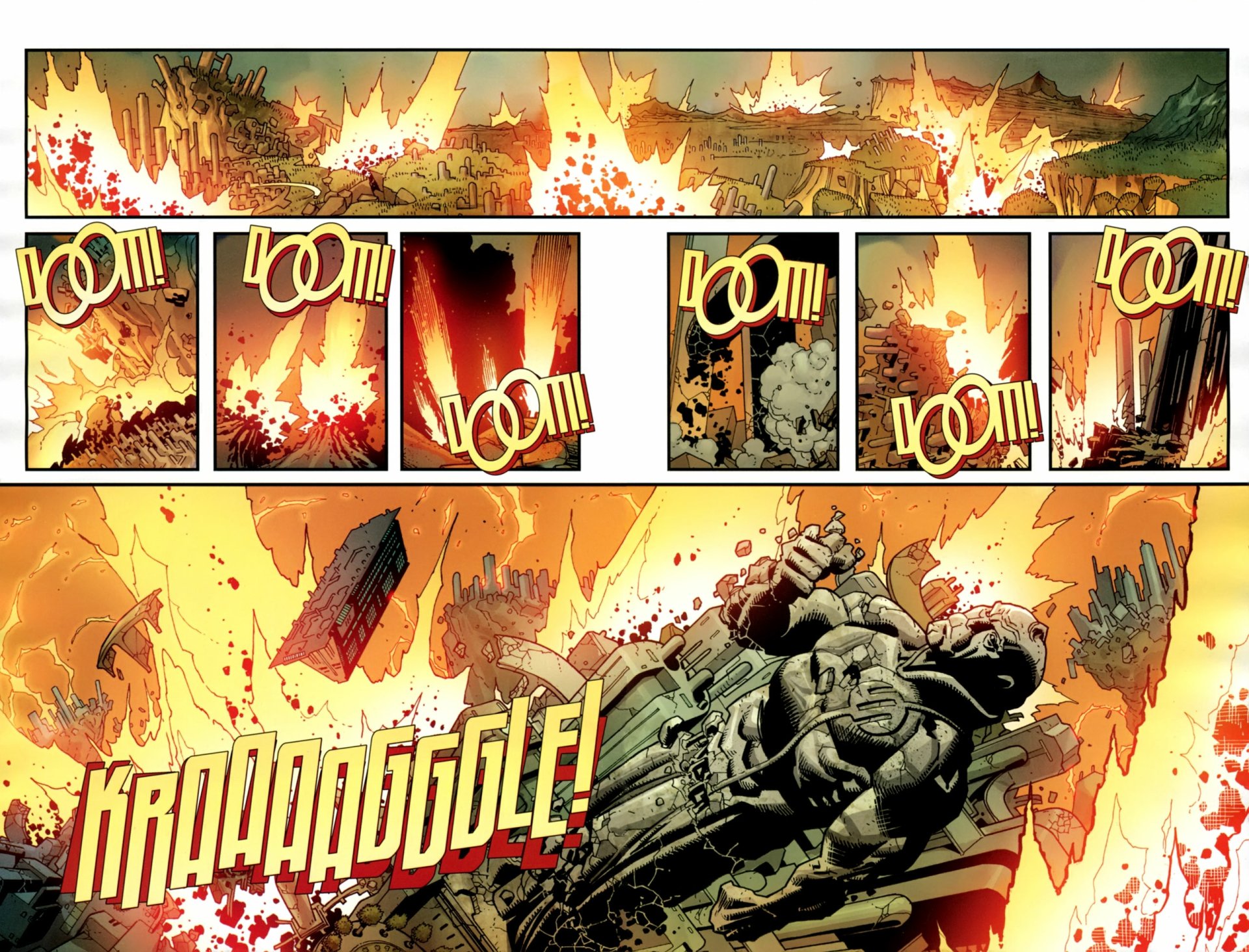 Invincible comic 2K Quad HD desktop wallpaper: comic panels of massive explosions, collapsing buildings and debris with a hero hurled through fiery wreckage.