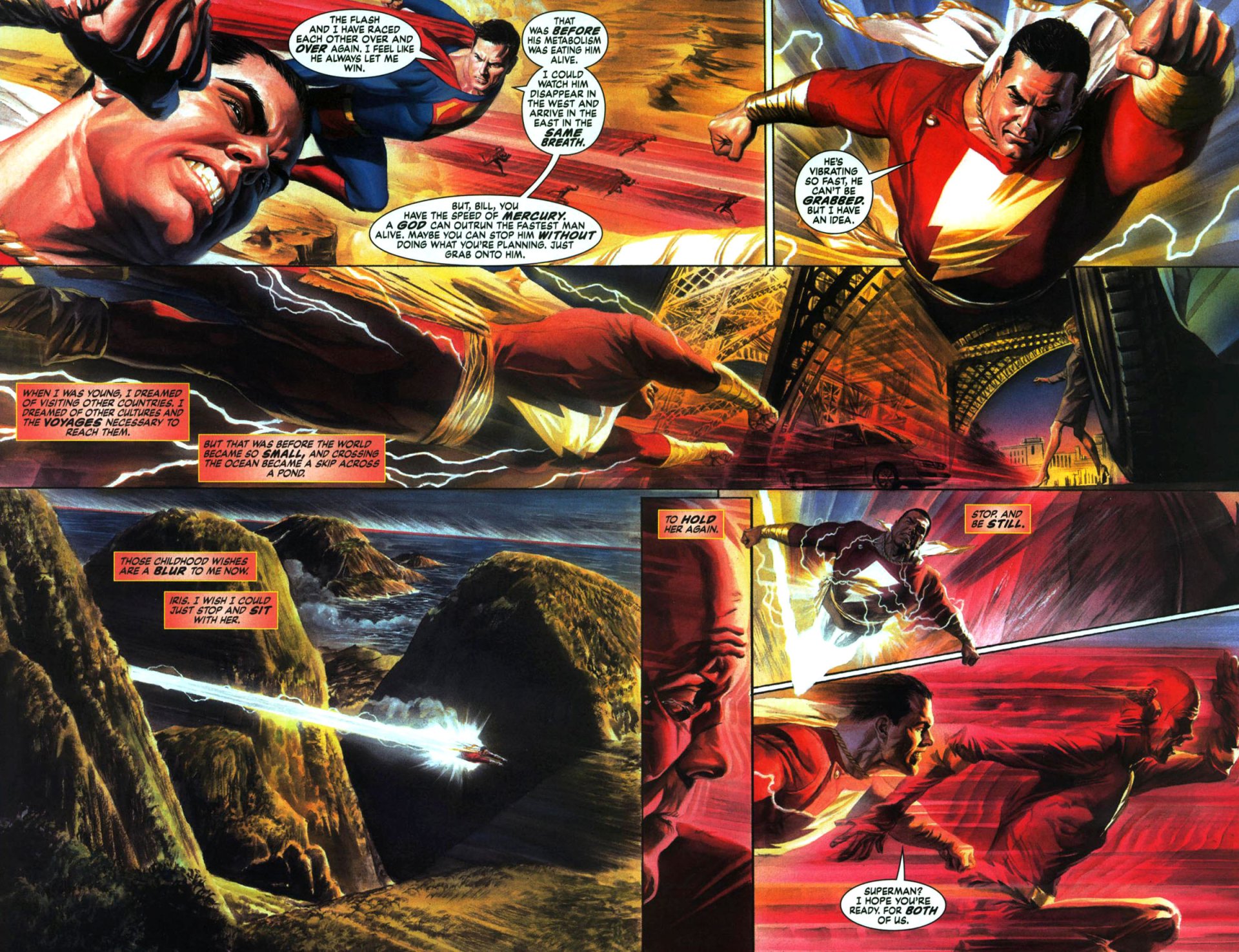 HD PC desktop wallpaper featuring a dynamic comic scene with Flash, Superman, and Shazam (Billy Batson) from DC Comics in vibrant action-packed panels.