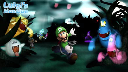 HD PC desktop wallpaper featuring Luigi from the video game Luigi's Mansion running through a spooky, ghost-filled environment.