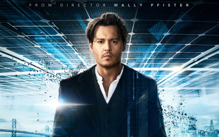 A striking HD desktop wallpaper featuring Johnny Depp in a scene from the movie *Transcendence*, showcasing a futuristic backdrop and a dramatic atmosphere.