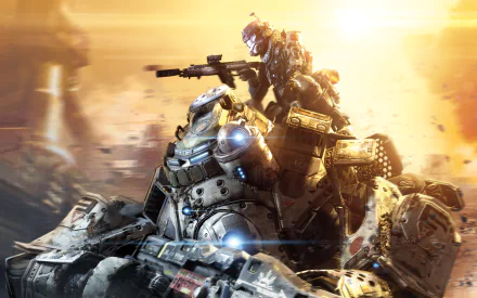 A stunning HD wallpaper from the video game Titanfall, featuring a pilot on a towering mech, set against a dramatic sunset backdrop, capturing the essence of intense gameplay.