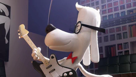 HD PC desktop wallpaper from the movie Mr. Peabody & Sherman: Mr. Peabody in glasses and a red bow tie smiling as he plays an electric guitar.