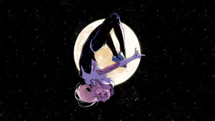 Spider-Gwen swings gracefully against a full moon backdrop in this dynamic comic-inspired HD desktop wallpaper, showcasing her unique style and energy.