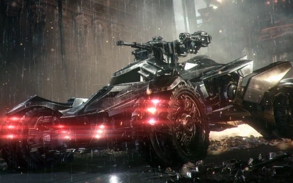 HD PC desktop wallpaper featuring the Batmobile from the video game Batman: Arkham Knight in a dark, rainy urban setting with glowing red rear lights.
