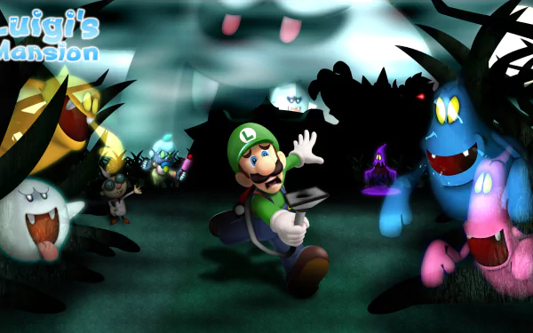 HD PC desktop wallpaper featuring Luigi from the video game Luigi's Mansion running through a spooky, ghost-filled environment.