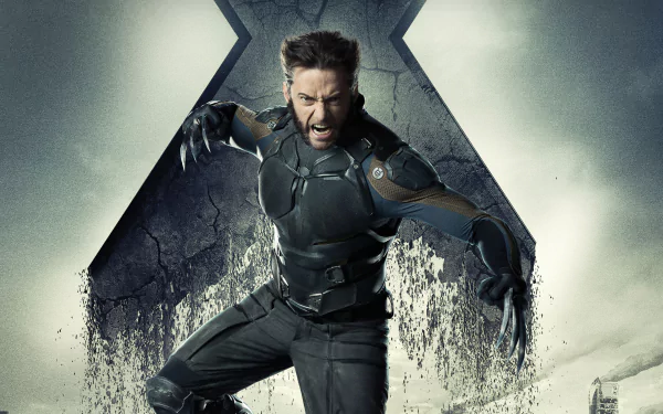 Hugh Jackman as Wolverine in a dramatic scene from *X-Men: Days of Future Past*, featuring a powerful pose against a backdrop of shattered elements and the iconic X-Men logo.