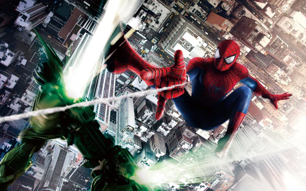 HD wallpaper of The Amazing Spider-Man 2 showing Spider-Man swinging through the city, battling an opponent with tall buildings in the background.