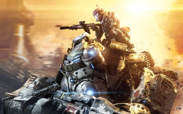 A stunning HD wallpaper from the video game Titanfall, featuring a pilot on a towering mech, set against a dramatic sunset backdrop, capturing the essence of intense gameplay.