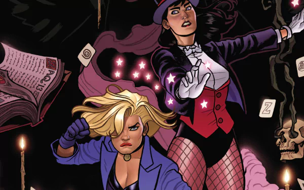 candle Black Canary blonde black hair long hair hat glove jacket fishnet magic book Comic Zatanna HD Desktop Wallpaper | Background Image