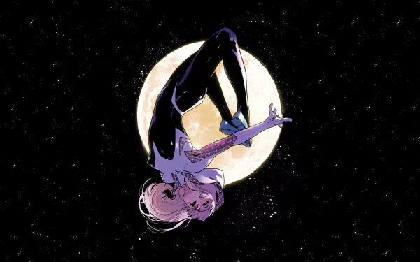 Spider-Gwen swings gracefully against a full moon backdrop in this dynamic comic-inspired HD desktop wallpaper, showcasing her unique style and energy.