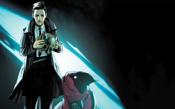Comic saga 2K Quad HD PC desktop wallpaper: a trench-coated man holding a skull-like helmet while an armored, skull-emblazoned dog sits beside him against a dark, cyan-lit backdrop.