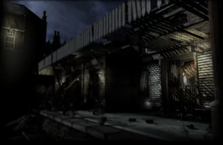 Dark Fall: Lost Souls video game HD PC desktop wallpaper — moody moonlit scene of an abandoned wooden pier and boarded-up buildings.