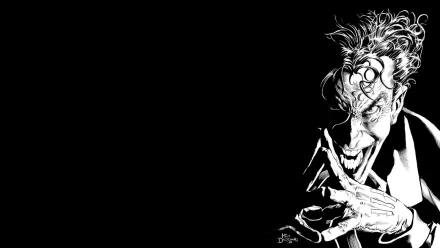HD comic-style desktop wallpaper featuring a detailed, sinister Joker character in black and white with expressive, chaotic hair and intense gaze.