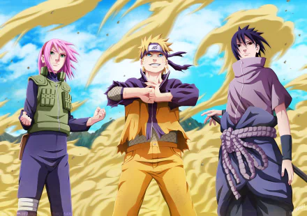 HD desktop wallpaper of Sakura Haruno, Naruto Uzumaki, and Sasuke Uchiha from the anime Naruto, featuring them in dynamic poses with a vibrant background.