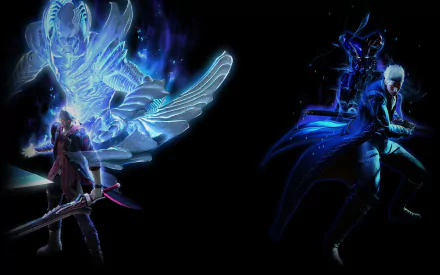 HD PC desktop wallpaper featuring striking blue and red-toned characters and ethereal wings from the video game Devil May Cry 4.
