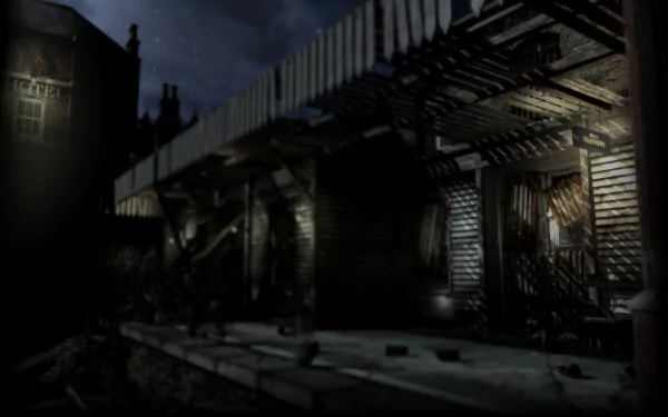 Dark Fall: Lost Souls video game HD PC desktop wallpaper — moody moonlit scene of an abandoned wooden pier and boarded-up buildings.