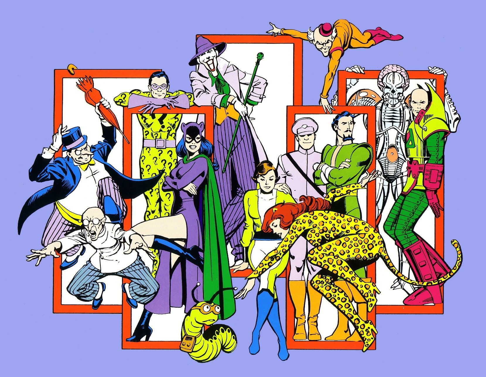 HD PC desktop wallpaper featuring iconic DC Comics villains including Catwoman, Cheetah, Joker, Riddler, and Penguin in a vibrant comic art style.