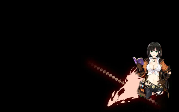 HD PC desktop wallpaper featuring a character from the video game Fairy Fencer F, holding a book and standing next to a glowing, stylized weapon on a black background.