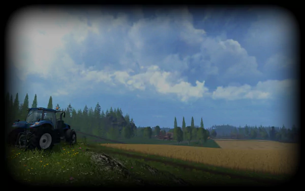 HD PC desktop wallpaper featuring a tractor working in a vast field under a partly cloudy sky, from the video game Farming Simulator 15.