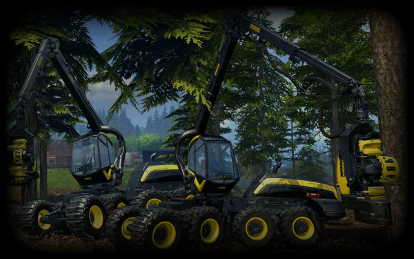 HD PC desktop wallpaper: Farming Simulator 15 scene of three yellow forestry harvesters in a foggy pine wood, detailed video game background.