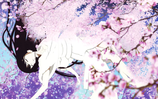 Anime-style 4K Ultra HD wallpaper featuring a character from Jigoku Shōjo surrounded by vibrant cherry blossoms in full bloom.