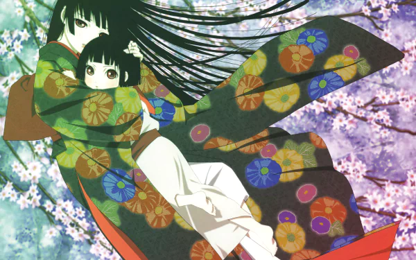 Anime-style 4K Ultra HD desktop wallpaper featuring two characters from Jigoku Shōjo in vibrant traditional kimonos against a backdrop of blooming cherry blossoms.