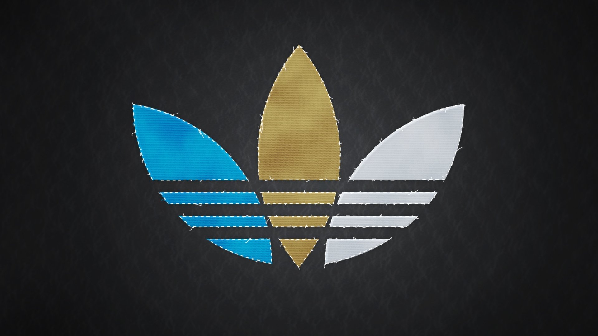 A high-definition desktop wallpaper featuring the iconic Adidas logo in blue, gold, and white against a dark background, showcasing a sleek and modern design.