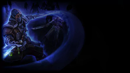 Grim Dawn HD PC desktop wallpaper: hooded armored caster unleashes a blue, swirling magical vortex that engulfs shadowy foes against a dark, empty right-side background.