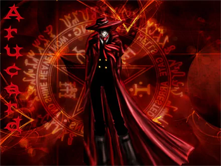 Anime Hellsing HD PC desktop wallpaper: tall red-cloaked figure with wide-brimmed hat and flowing coat stands before a glowing occult circle on a fiery red background.