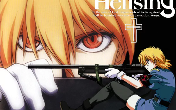 HD anime desktop wallpaper from Hellsing featuring a close-up of a character with striking red eyes aiming a gun, alongside a full-body side pose.
