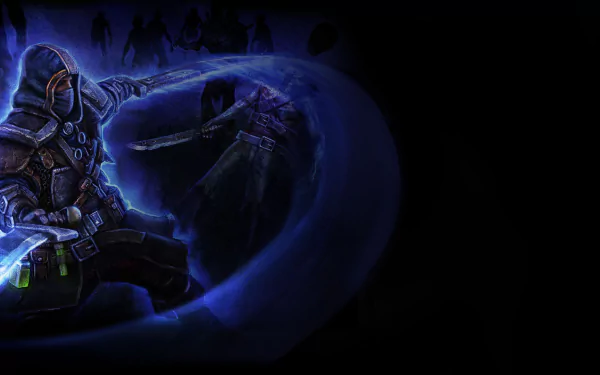 Grim Dawn HD PC desktop wallpaper: hooded armored caster unleashes a blue, swirling magical vortex that engulfs shadowy foes against a dark, empty right-side background.