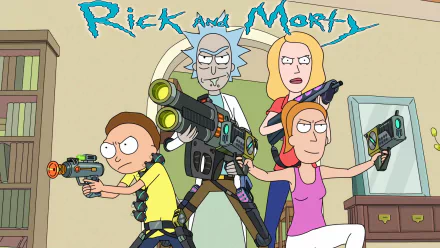A dynamic HD wallpaper featuring characters from Rick and Morty: Rick Sanchez, Morty Smith, Summer Smith, and Beth Smith, all armed and ready for adventure.