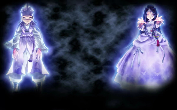 HD desktop wallpaper featuring two glowing characters from the video game Lost Saga North America against a dark, smoky background.