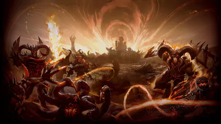 HD PC desktop wallpaper for the video game Might & Magic Duel of Champions — epic demonic battle with fiery sorcery and a shadowy fortress beneath a blazing sky.