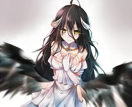 HD desktop wallpaper featuring Albedo from the anime Overlord, showcasing her with long black hair, adorned with her signature white horns and a serene expression.