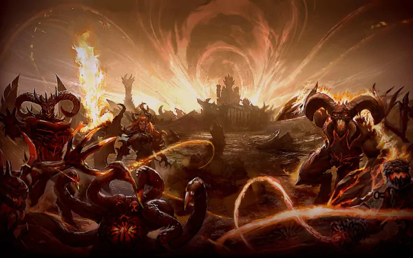 HD PC desktop wallpaper for the video game Might & Magic Duel of Champions — epic demonic battle with fiery sorcery and a shadowy fortress beneath a blazing sky.