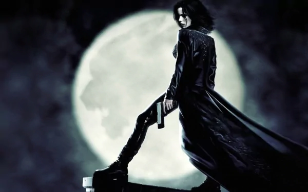 A striking HD wallpaper featuring Kate Beckinsale as Selene in the movie Underworld, poised against a dramatic full moon backdrop.